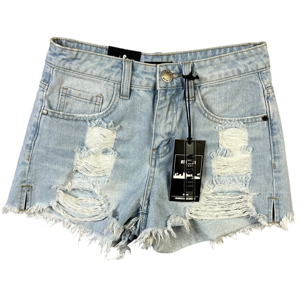 8th Of LA Jean Shorts‎ Size S Light Wash Denim Distressed Fringe Boho Chic NEW